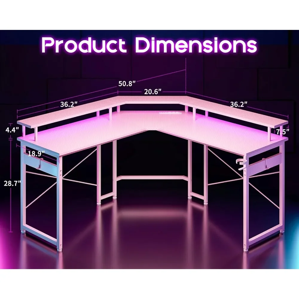 

L Shaped Gaming Desk with LED Lights Power Outlets,51"Computer Desks Full Monitor Stand,Corner Cup Holder,Table with Hooks,Pink