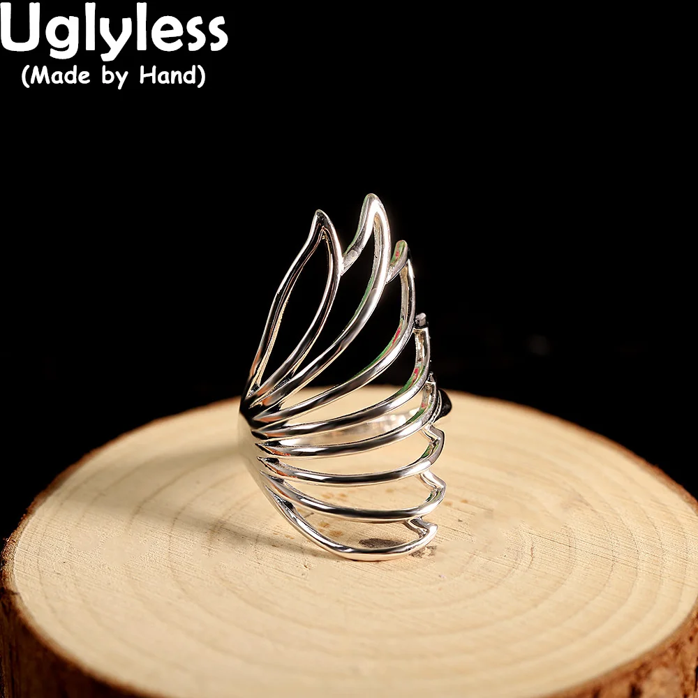 

Uglyless огромные полые широкие кольца для женщин абстрактные перья кольца персонализированные Модная бижутерия для девочек 925 Стерлинговое Серебро