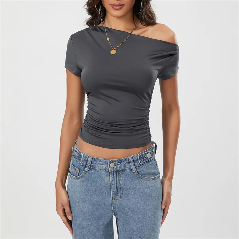 Top corto Y2K para mujer, ropa grunge de verano, camiseta fruncida sin mangas con hombros oblicuos, chaleco, ropa de calle de los años 2000