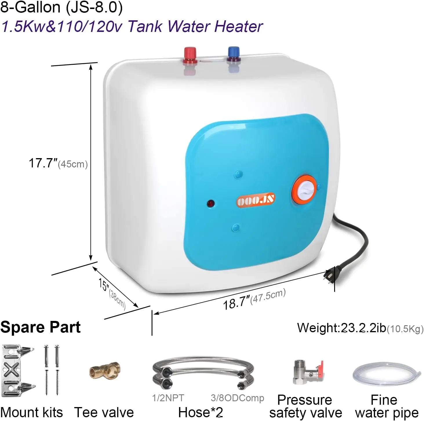 110V-120V 1440-1500W Instant Electric Hot Water Heater Under Kitchen Small Tank 8.0 Gallon Storage,Rv Trailer Instant Fiberglass