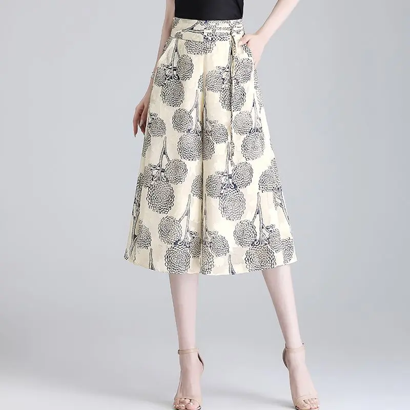Summer Women Geometric Chiffon Wide Leg Skirt Pants Korean Fashion Capris Oversized Casual Elastic High Waist Ice Silk Trousers