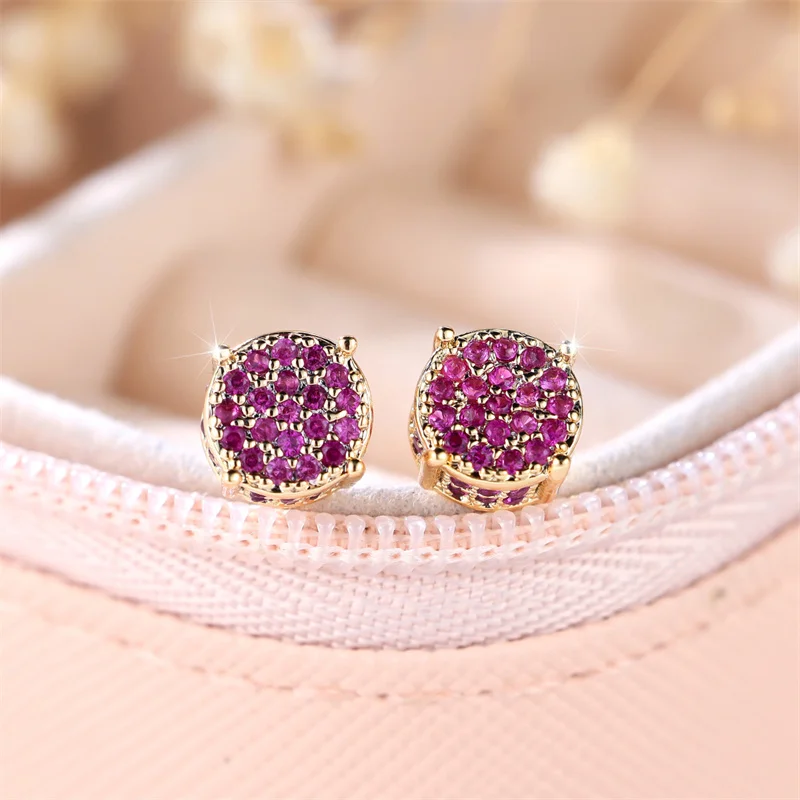 Luxury Female Red Stone Stud Earrings Gold Color Zircon Stone Jewelry For Women Charm Crystal Wedding Earring