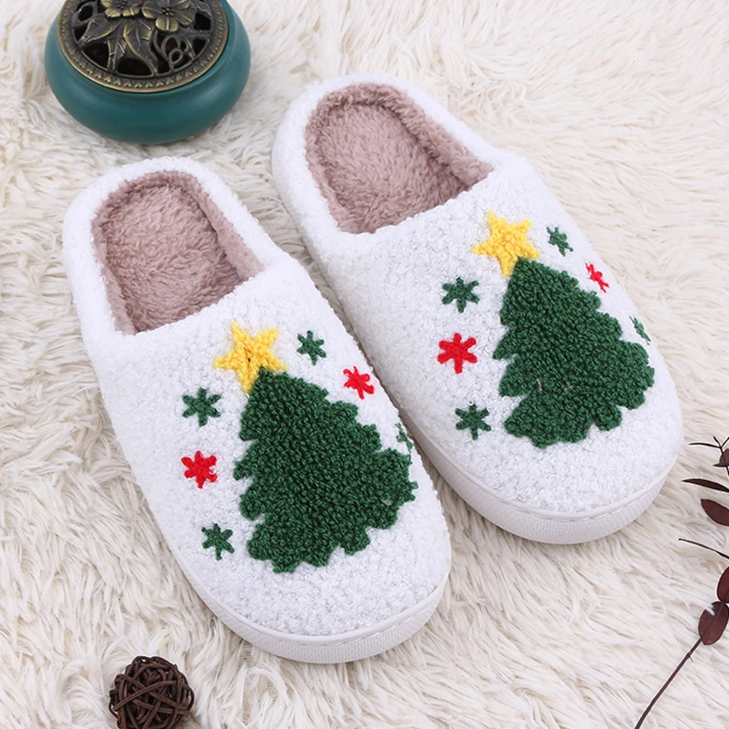 Christmas Tree Fluffy Slide Slippers Ladies Soft Plush Winter Home Footwear Party Gift for Girls Holiday Xmas Indoor Women Shoes