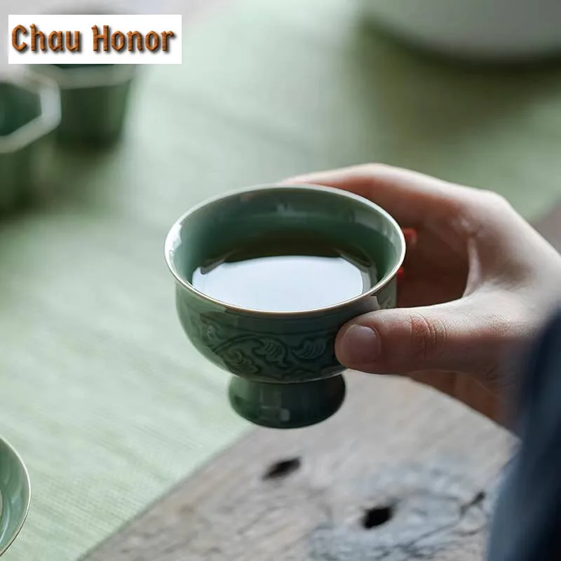 75ml Retro Yue Kiln Celadon High Foot Tea Cup Ceramic Hand Relief Cup Household Large Personal Master Cup Kung Fu Tea Drinkware