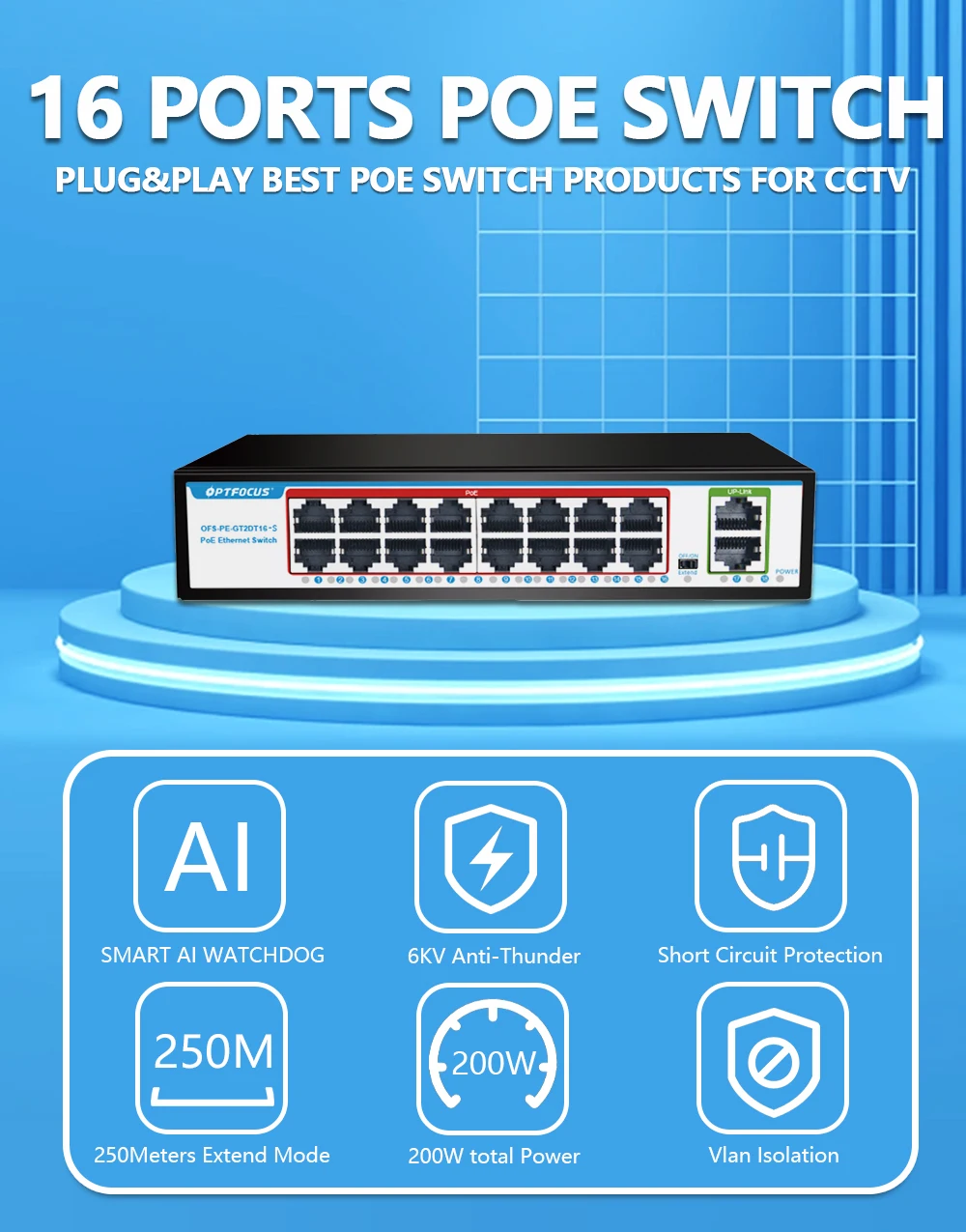 Openfox-switch Poe Gigabit 16 Portas 48v 15w 30w 802.3af 802.3at Hub Ethernet Ethernet Ativo para Câmera Cctv - Imagem 4