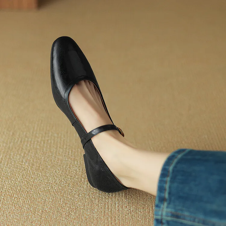 Mary Janes Buckle Strap Round Toe Flat with Heels Women Shoes Sewing Genuine Sheepskin Leather Femme De Luxe Designer