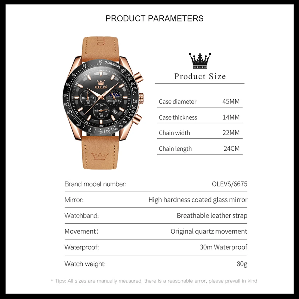 OLEVS Men's Watches Chronograph Moon Phase Original Quartz Wristwatches Luxury Leather Strap Waterproof Luminous Watches for Men