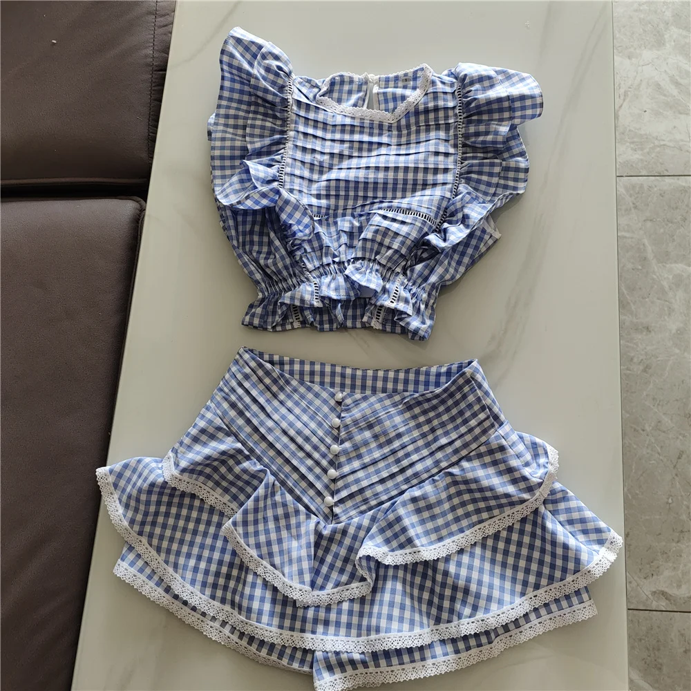 2022 Spring Cotton Plaid Ruffled Top and Short Sunday Sets Holiday Vocation Sets women's shorts and blazer suit set Suits & Blazers