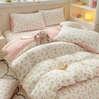 Plant Floral Duvet Cover 3 Piece Set, Cute Cartoon Cat Pattern Bedding Set, Women Kids Girls Bedroom Decorative Pink Quilt Cover 1