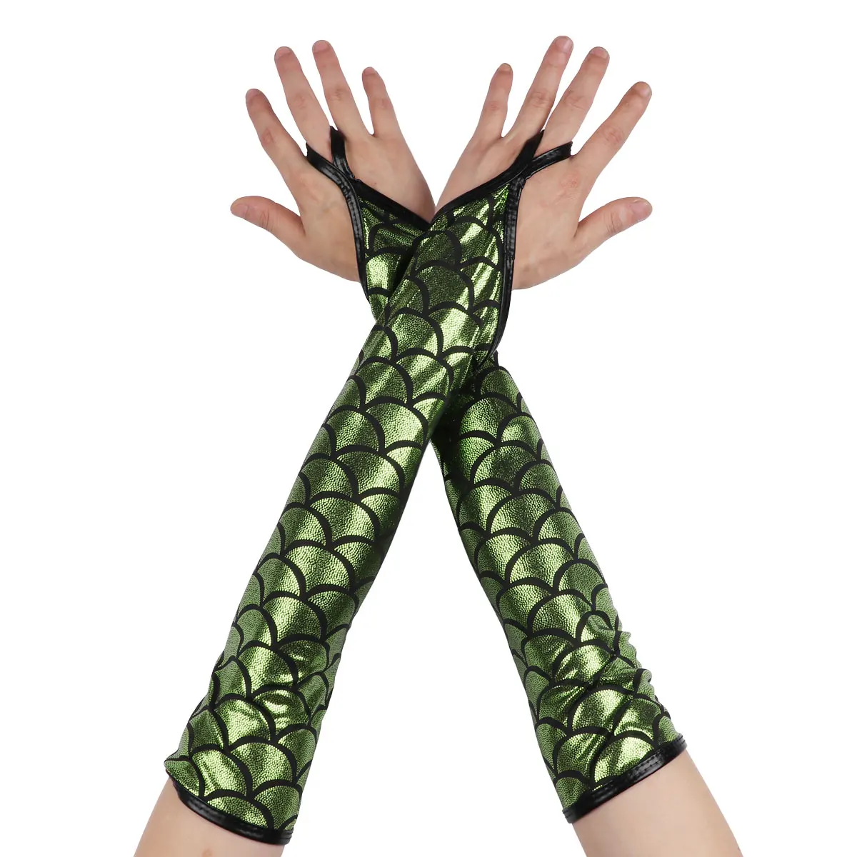 Women Mermaid Fish Scale Pattern Printed Long Hook Finger Gloves Fingerless Arm Sleeves Adult Halloween Cosplay Costume Accessor