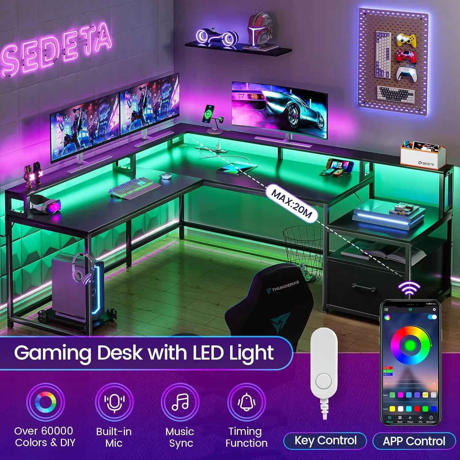 SEDETA L Shaped 66" Home Office Desk File Drawer Power Outlet Corner Computer Desk with Monitor Shelf Printer Storage Shelves 6