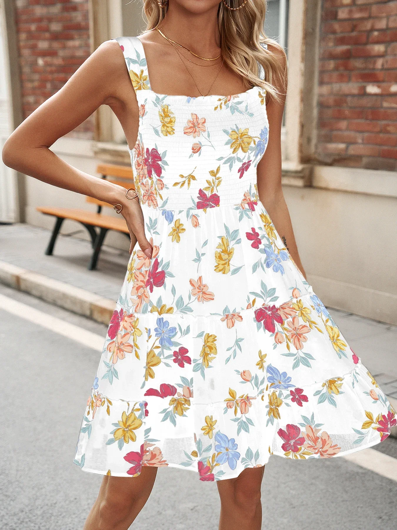

2024 Spring/Summer New Women's Fashion Casual Print Dress Sleeveless Sling Mid length One line Neck Beach Dress