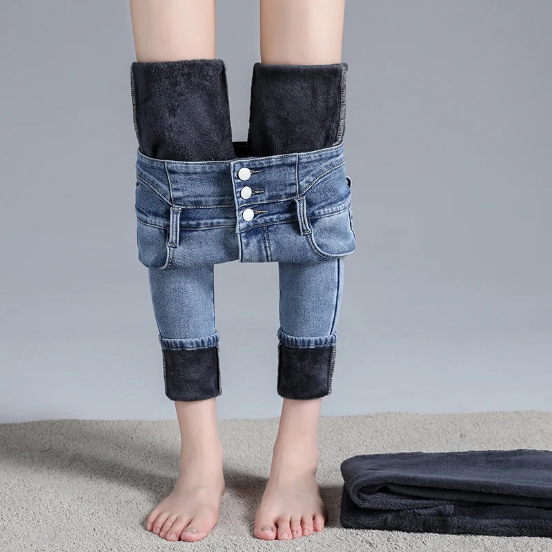 

High Waist Breasted Denim Pencil Pants Winter Thicken Warm Jeans Women Skinny Stretch Velvet Jean Denim Trousers 098