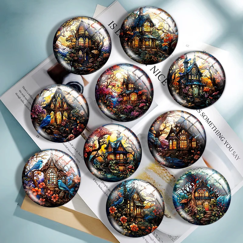 

Treehouse Idyll Stained colored pattern 12mm/16mm/20mm/25mm/30mm demo flat back making mixed 10pcs Round photo glass cabochon fi