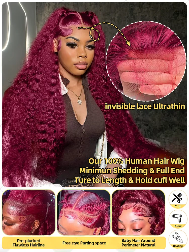 30 40 Inch 99J Burgundy 13x6 Hd Lace Frontal Human Hair Wig Red Colored 13x4 Transparent Lace Curly Deep Wave Frontal Wig