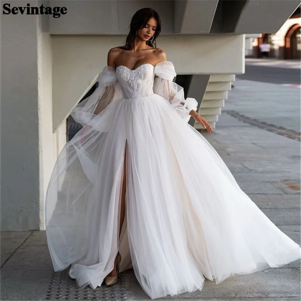 

Sevintage A-Line Sweetheart Princess Wedding Dresses Off The Shoulder Tulle High Slit Ruched Bride dress Vestidos de novia 2024