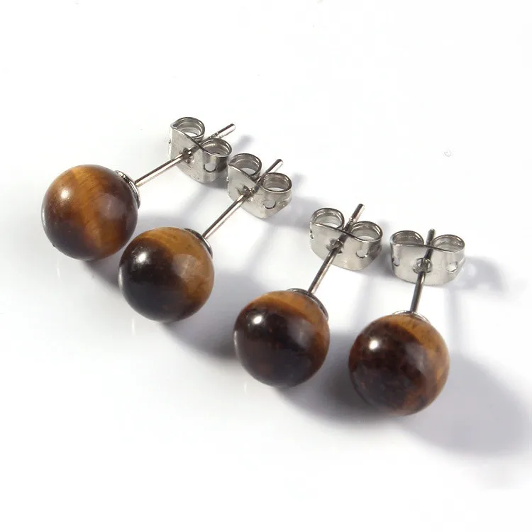 8mm Natural Stone Stainless Steel Stud Earring Tiger Eye Opal Rose Quartz Earrings for Women Girl Jewelry