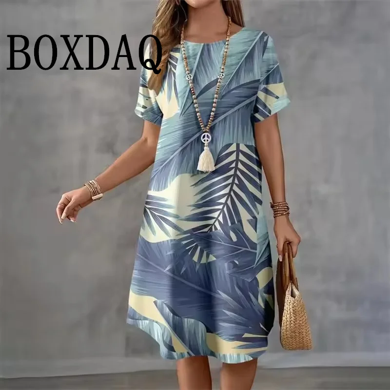 Summer Holiday Hawaiian Dress For Women 2025 New Ladies O-Neck Short Sleeve Loose Dress Casual Coconut Tree Print Beach Dresses