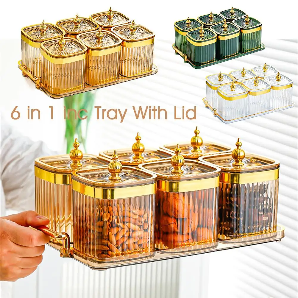 

6 In 1 Storage Jar Tray With Lid Gold Luxury Household Jar Seasoning Salt Box Bottle Kitchen Supplies Combination G9S6
