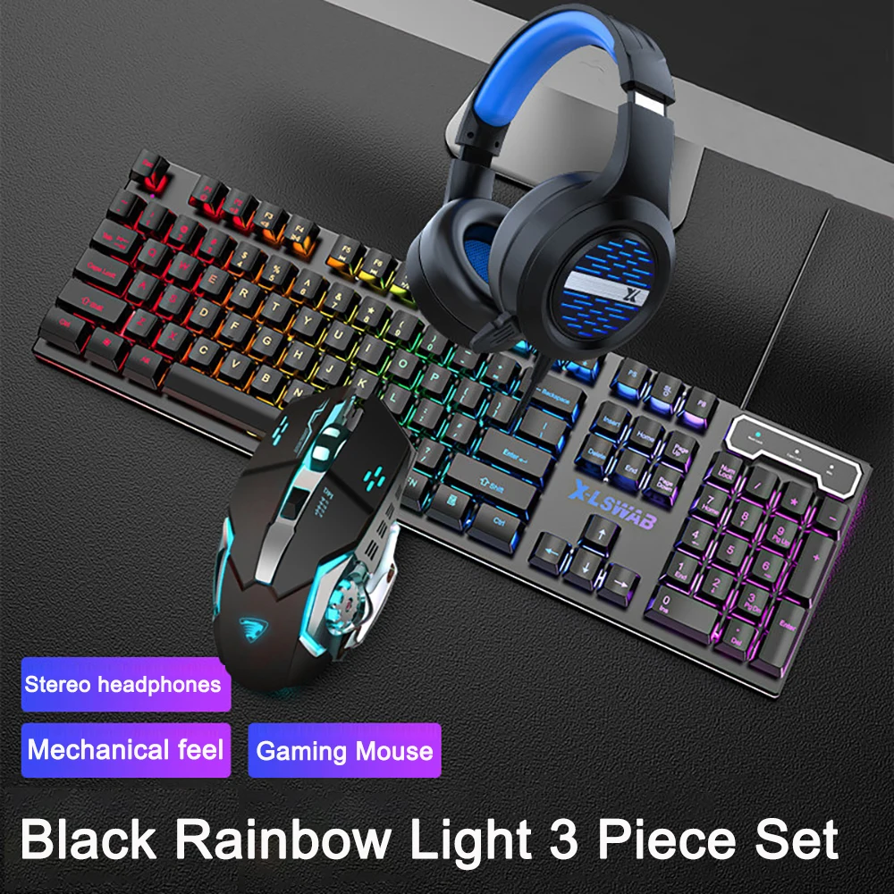 

3-piece Set Gaming Keyboard Mouse Headphone Set Wired Backlight Game 104 Keys Keyboards 1600DPI Mice Headset Combos for PC Gamer