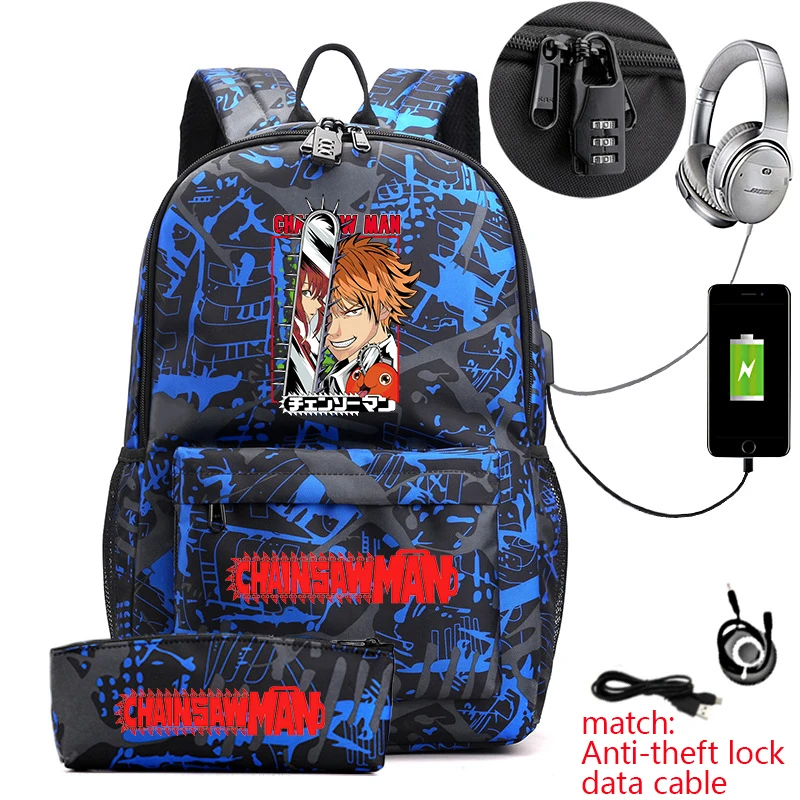 Chainsaw Man Anime Print Student Anti-Theft Backpack Casual Daypack with Pencil Case for Kids Teens School Bag 1