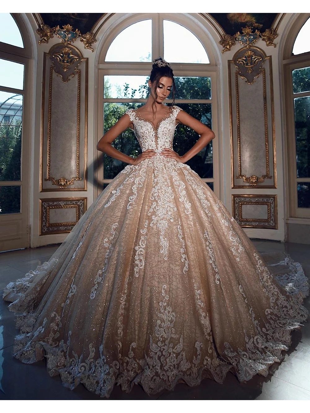 

Женское свадебное платье, винтажное блестящее платье цвета шампанского с кружевной аппликацией и открытой спиной, 2020