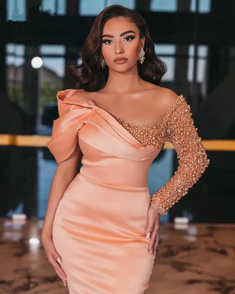

2023 скромные арабские вечерние платья русалки с жемчугом из сатина с длинными рукавами для торжественных мероприятий выпускного вечера