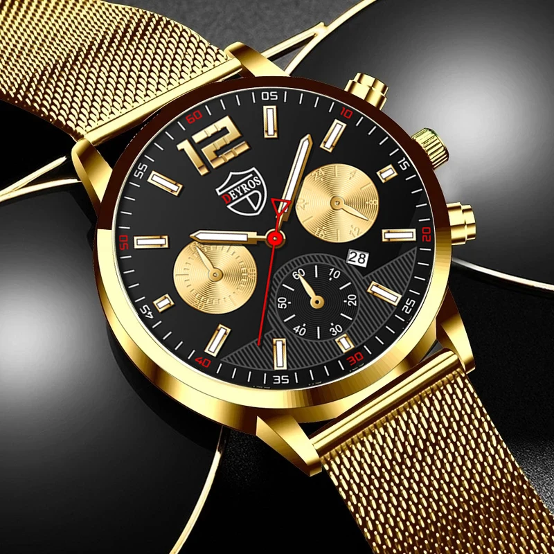 Luxury Fashion Mens Watches Men Business Gold Stainless Steel Mesh Belt Analog Quartz Wrist Watch Male Casual Leather |