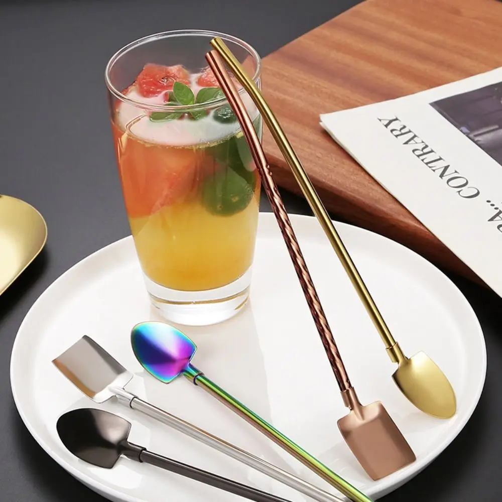 2 in 1 Straw Spoon Stainless Steel Pointed Square Shovel Bar Ice Scoop Cocktail Coffee Stirring Spoon Reusable Hot Proof Straw