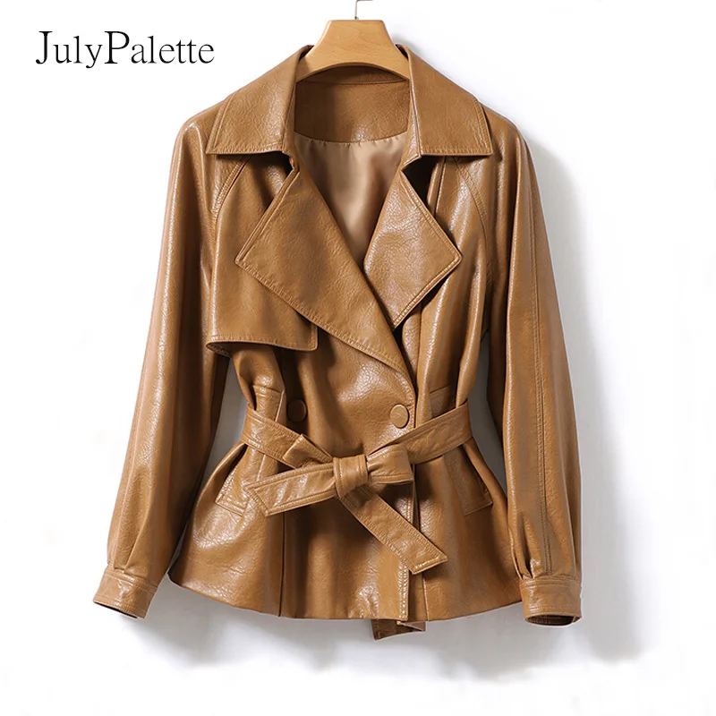 

Jacket Genuine Women's Short Lace-up Belt Leather Coats 2023 Spring Office Ladies Real Sheepskin Outwear