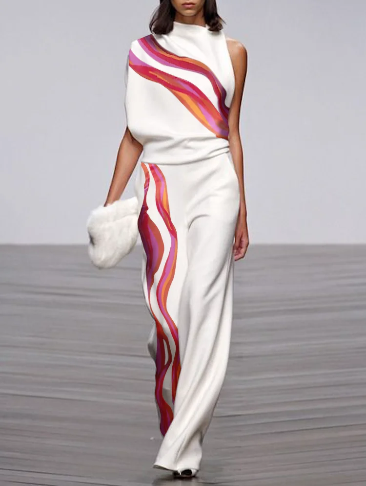 

Yeezzi Female Fashion Asymmetric One-Shoulder Sleeveless Striped Tops Wide Leg Pants Elegant Party Two Pieces Sets For Women