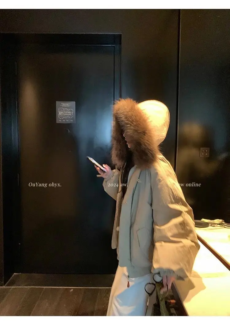 YYAHAHAS 2025 Winter New Cow Horn Button Thick Cotton Coat Retro American Warm Fur Collar Hooded Jacket Female Clothing
