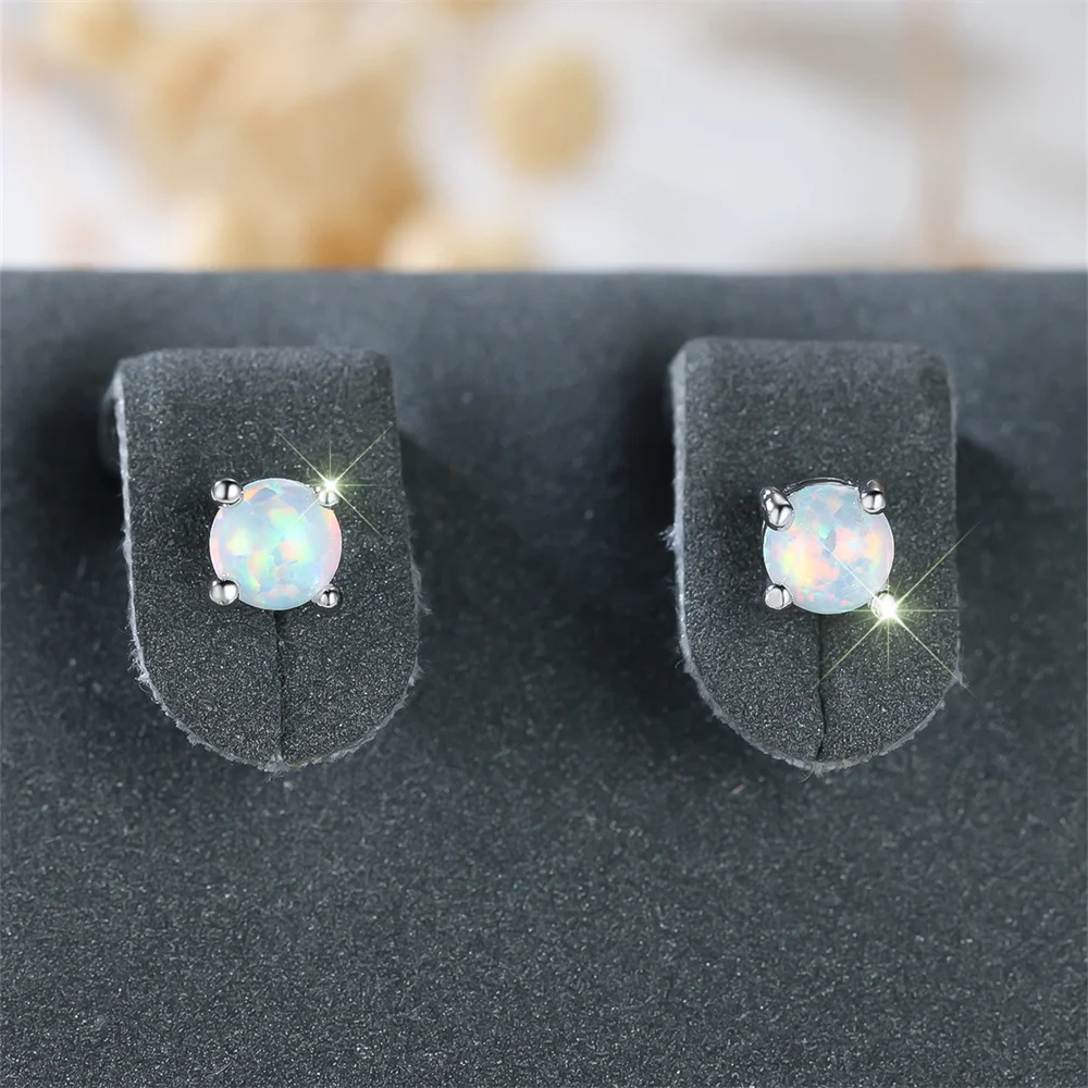 White Fire Opal Small Round Stone Stud Earrings For Women Vintage Silver Color Wedding Earring Minimalist Jewelry Valentine Gift