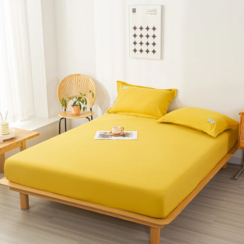 Yellow Fitted Sheet 3pcs Protective Mattress Cover Non-Slip Bedspreads Solid Bed Fitted Sheets with 2 Pillowcases Bedroom Decor 3