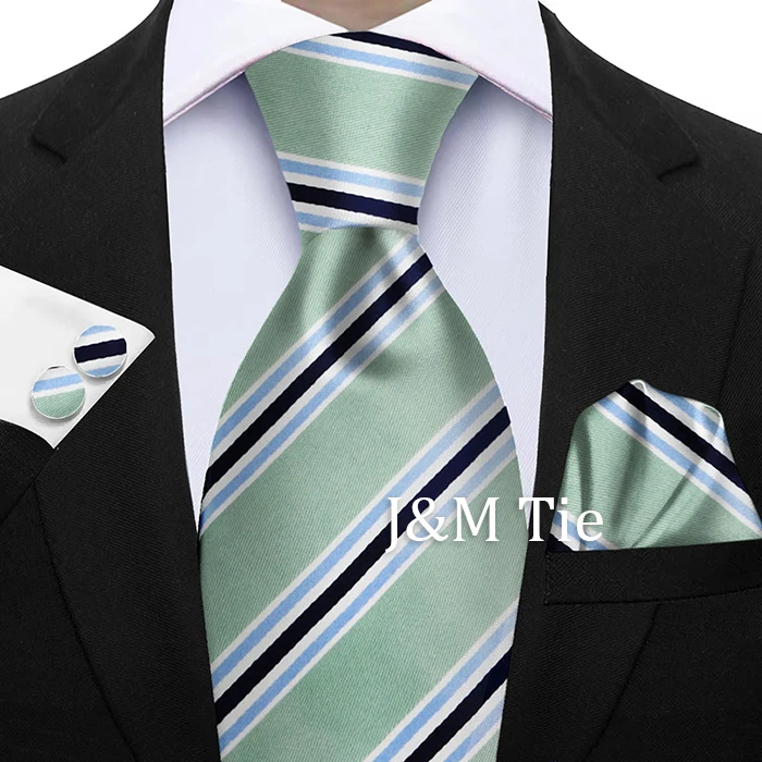 Krawatten für Männer, modisches Salbeigrünes Herren-Krawatten-Set, gestreifte Krawatte, Taschentuch, Manschettenknöpfe, 3-teilig, Business-Hochzeitsanzug, Accessoires, Geschenk – Detail 18