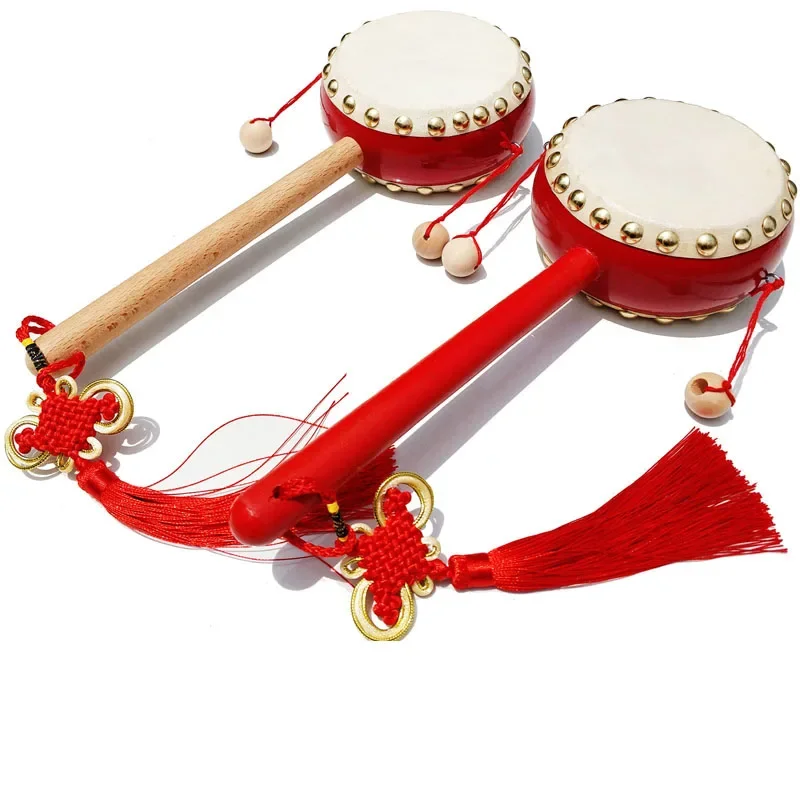 

Cowhide Rattle Drum Wooden Handle Chinese Style Rattle Drum Baby Children's Toy Gift Pandeiro Percussion Instruments