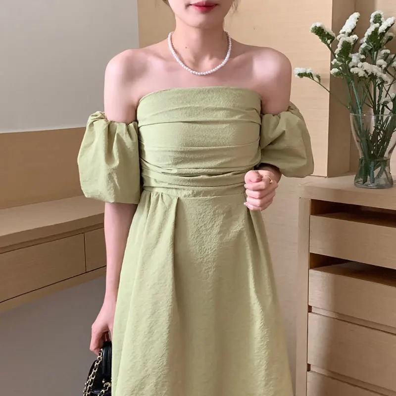 

Off Shoulder Puff Sleeve Dress Women Summer Short Sleeve Loose Elegant Black Dress Club Party Elastic Bust Maxi Dresses