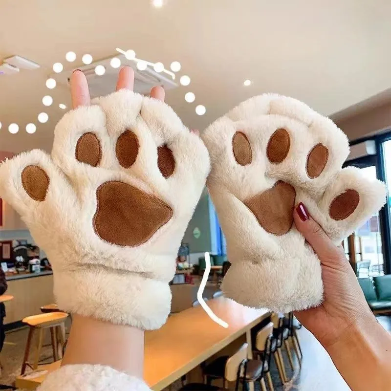 Gant - mitaine,Gants d'hiver avec patte de chat pour filles,mignons,épais,pelucheux,patte d'ours
