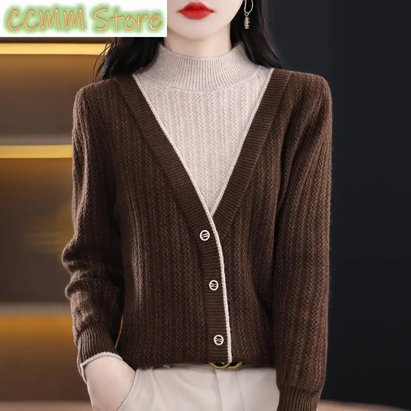 

New Autumn Winter Half High Neck Sweater Women Contrast Button Korean Simple Loose Splice Fake Two Piece Long Sleeve Tops