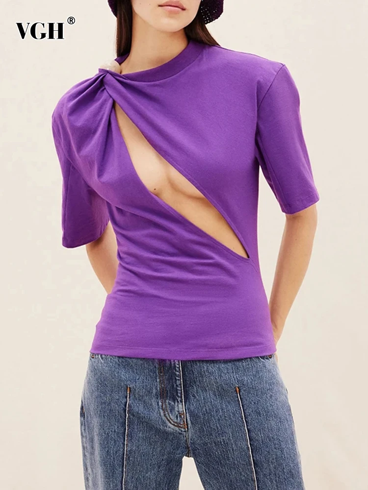 

VGH Asymmetrical Solid Pullover T Shirts For Women Round Neck Short Sleeve Hollow Out Casual Loose T Shirt Female Summer 2023