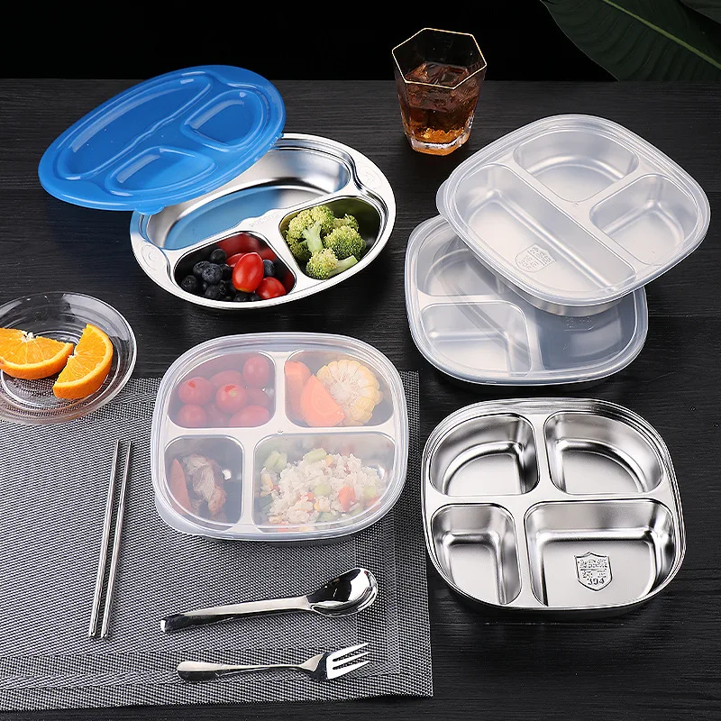 Stainless Steel Divided Grid Dinner Plate, Children's Lunch Box with Lid, School Canteen Dinner Rice Plate, Kitchen Supplies
