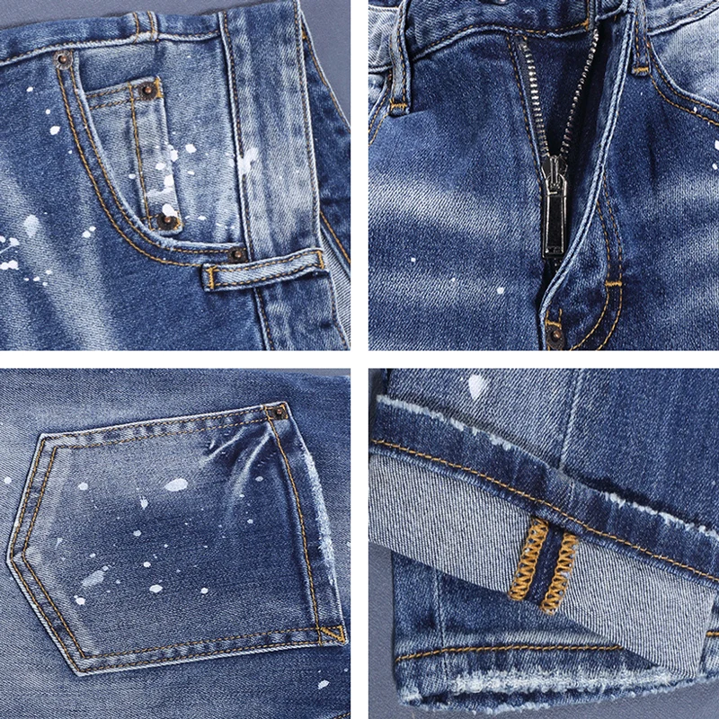 Street Fashion Men Jeans High Quality Retro Blue Stretch Skinny Fit Ripped Jeans Men Painted Designer Vintage Brand Pants Hombre