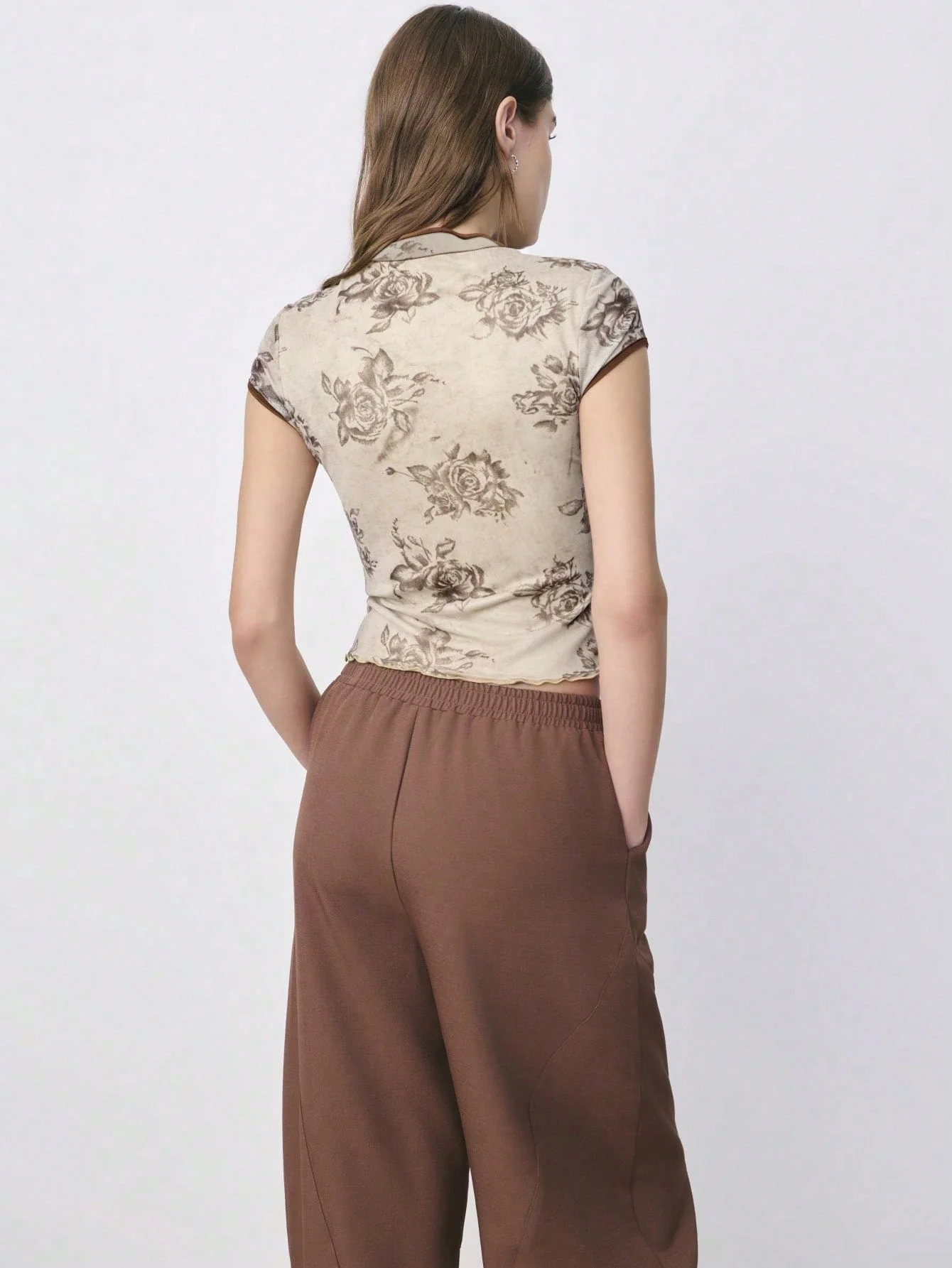 Vintage Chinese Style Rose Print Cheongsam Collar Short Sleeve T-Shirt, Retro Frog Button Slant Placket Slim Fit Crop Top, Summe