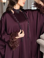 Eid femmes musulmanes plumes diamants Kimono Cardigan robe intérieure 2 pièces ensemble de luxe dubaï Abaya caftan Djellaba Jalabiya islamique 4