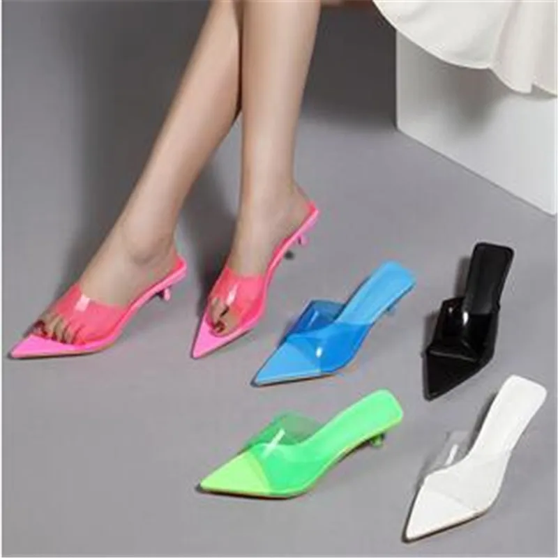 

Red Green PVC Transparent Jelly Shoes For Women Sexy Pointed Open Toe Shallow Slider Slippers Ladies Sandals Stiletto Heels Mule