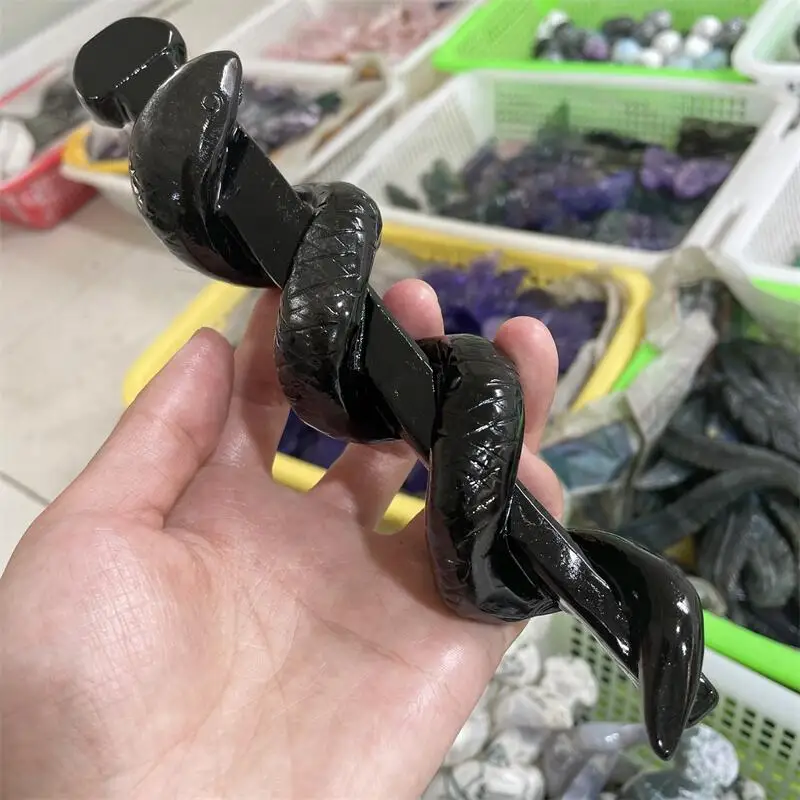 

Natural Black Obsidian Crystal Snake Scepter Carving Animal Healing Energy Stone Witchcraft Christmas Gift Home Decoration 1pcs
