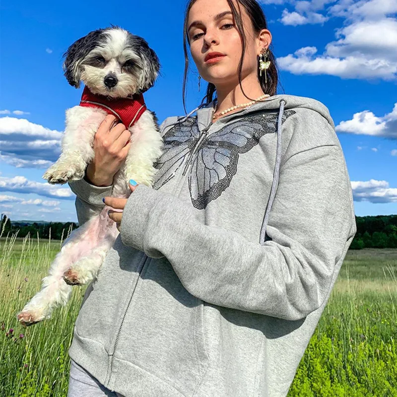 2024 Women's New All-match Casual Top Female Solid Pullover Woman Butterfly Print Long Sleeve Hooded Sweatshirt for Fall/winter