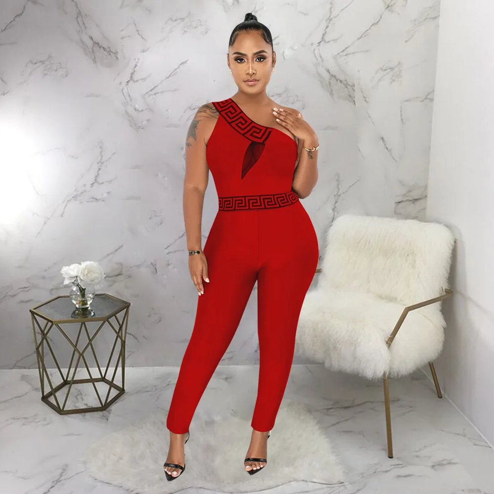 SpringSummerSexyPrintedJumpsuitWomenDiagonalNeckOneShoulder