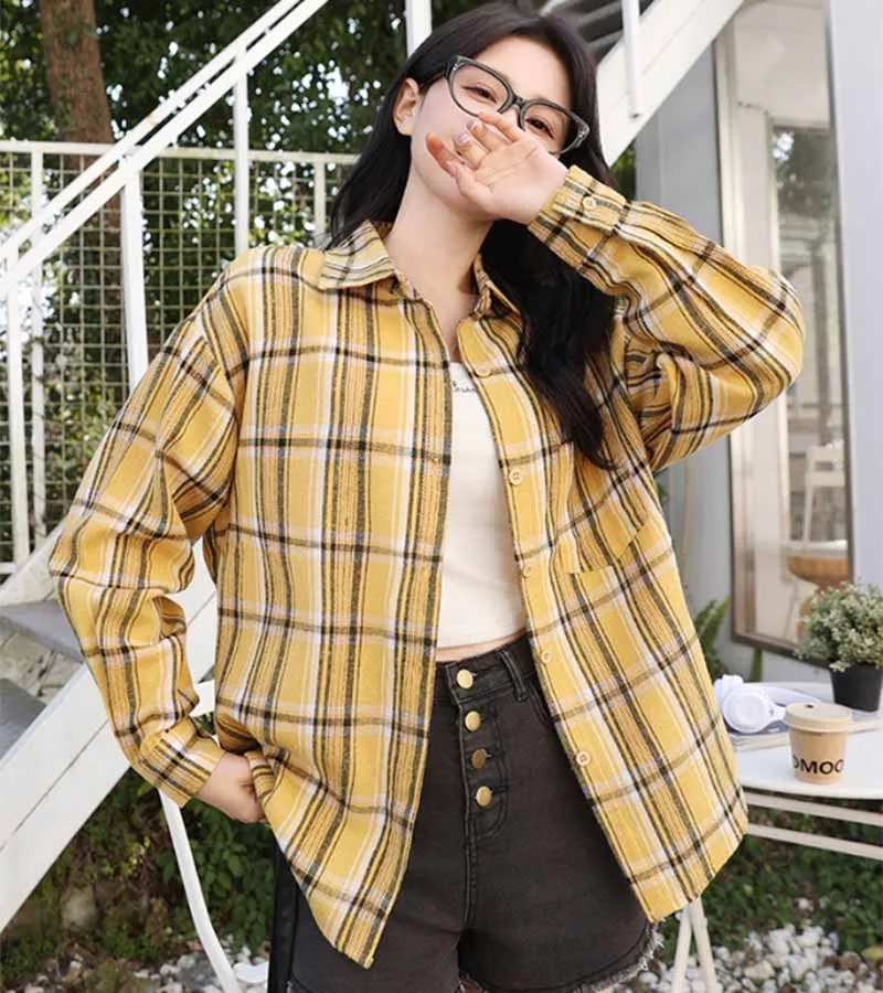 Mode Lose frauen Bluse Herbst Winter High Street Trendy Casual Karierte Shirts Koreanische Alle-Spiel Strickjacke Hemd outwear – Detail 6
