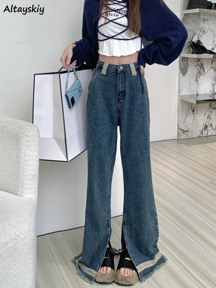 

Jeans for Women Patchwork High Waist Denim Washed Wide Leg Design Korean Style Fashion Daily Basic All-match Spring Pantalones